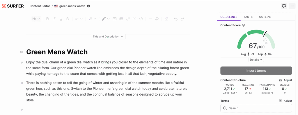 SurferSEO used to optimize some of the content for Nordgreen
