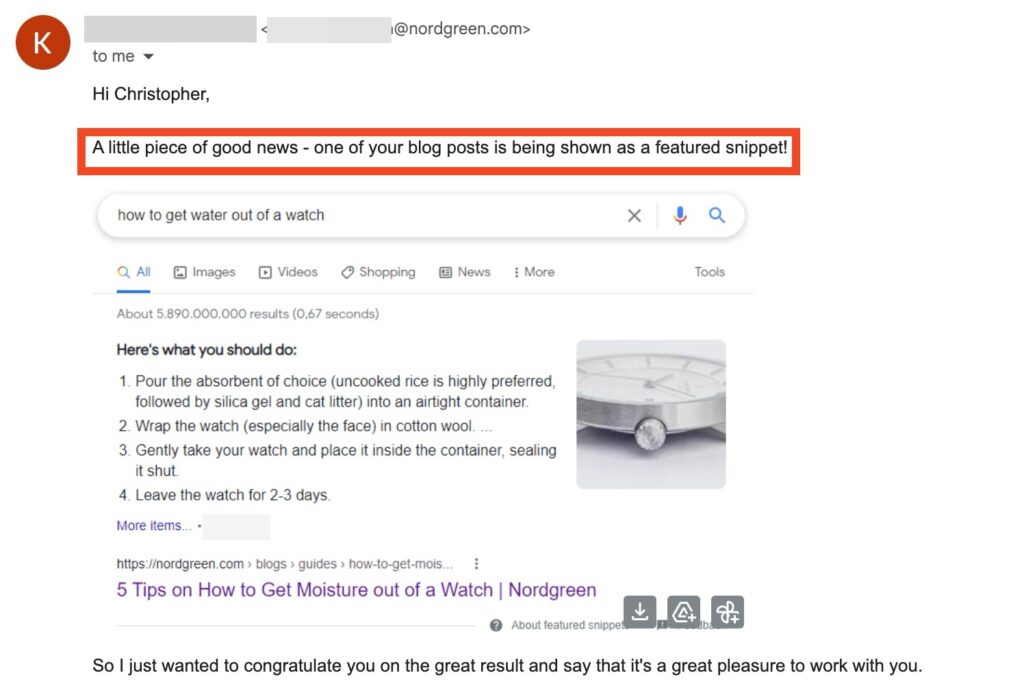 SEO strategy paying off with authority-based pointers like featured snippets